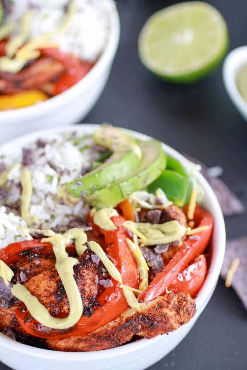 Fiesta Chicken + Cilantro Lime Rice Fajita Bowl with Avocado Chipotle Crema-7