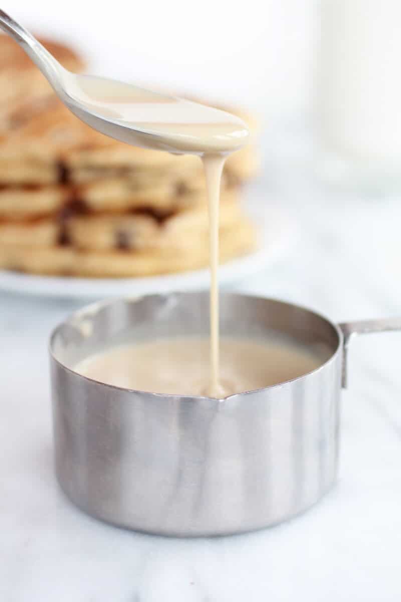 Whole Wheat Chocolate Chip Banana Bread Pancakes with a Vanilla Coconut Glaze