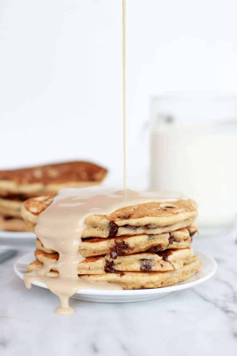 Whole Wheat Chocolate Chip Banana Bread Pancakes with a Vanilla Coconut Glaze-8