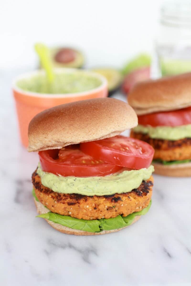 Roasted Garlic Chipotle Cheddar Sweet Potato Burgers with Avocado Ranch-1