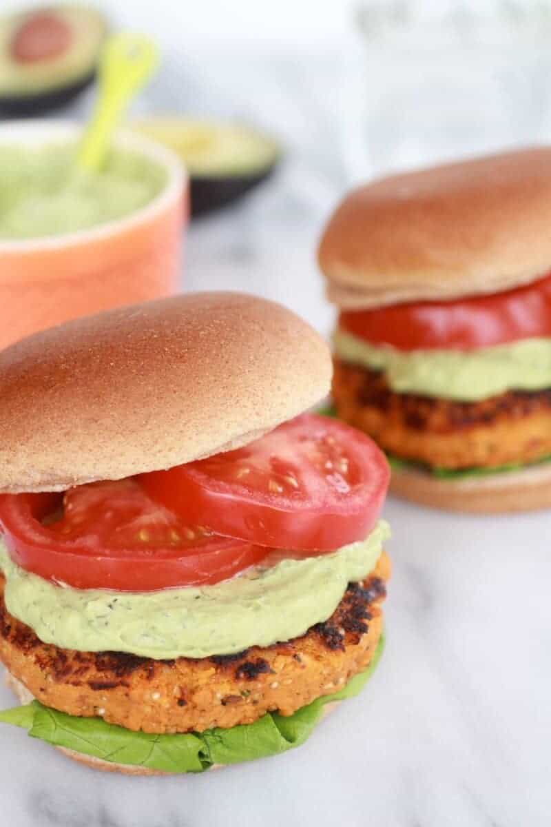 Roasted Garlic Chipotle Cheddar Sweet Potato Burgers with Avocado Ranch-17
