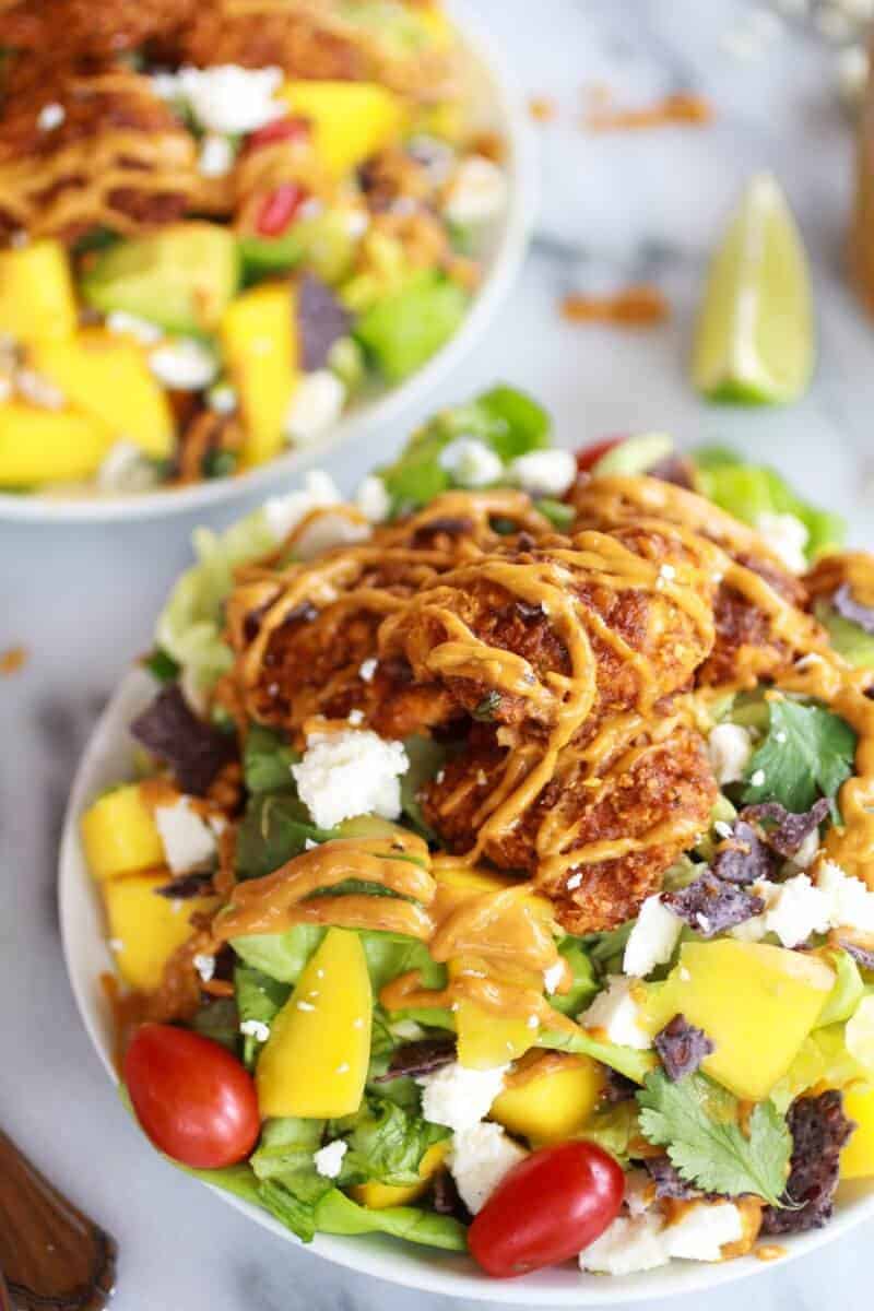 Tortilla Chip Crusted Chicken Salad with Avocado Chipotle Lime Dressing and Queso Fresco | https://fett-weg.today/
