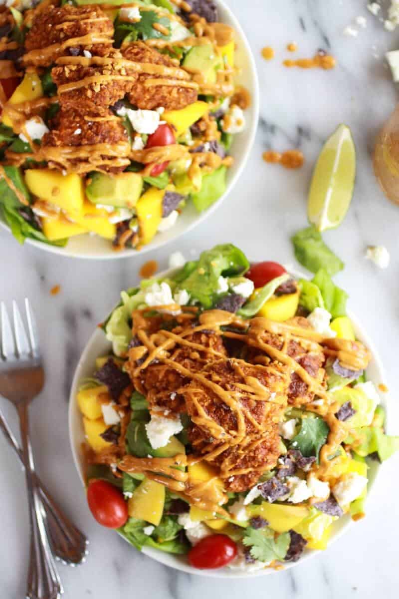 Tortilla Chip Crusted Chicken Salad with Avocado Chipotle Lime Dressing and Queso Fresco | https://fett-weg.today/