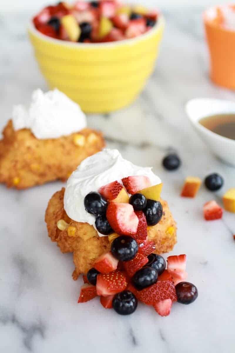 Corn Fritters with Coconut Whipped Cream and Sweet Honey Bourbon Syrup | https://fett-weg.today/