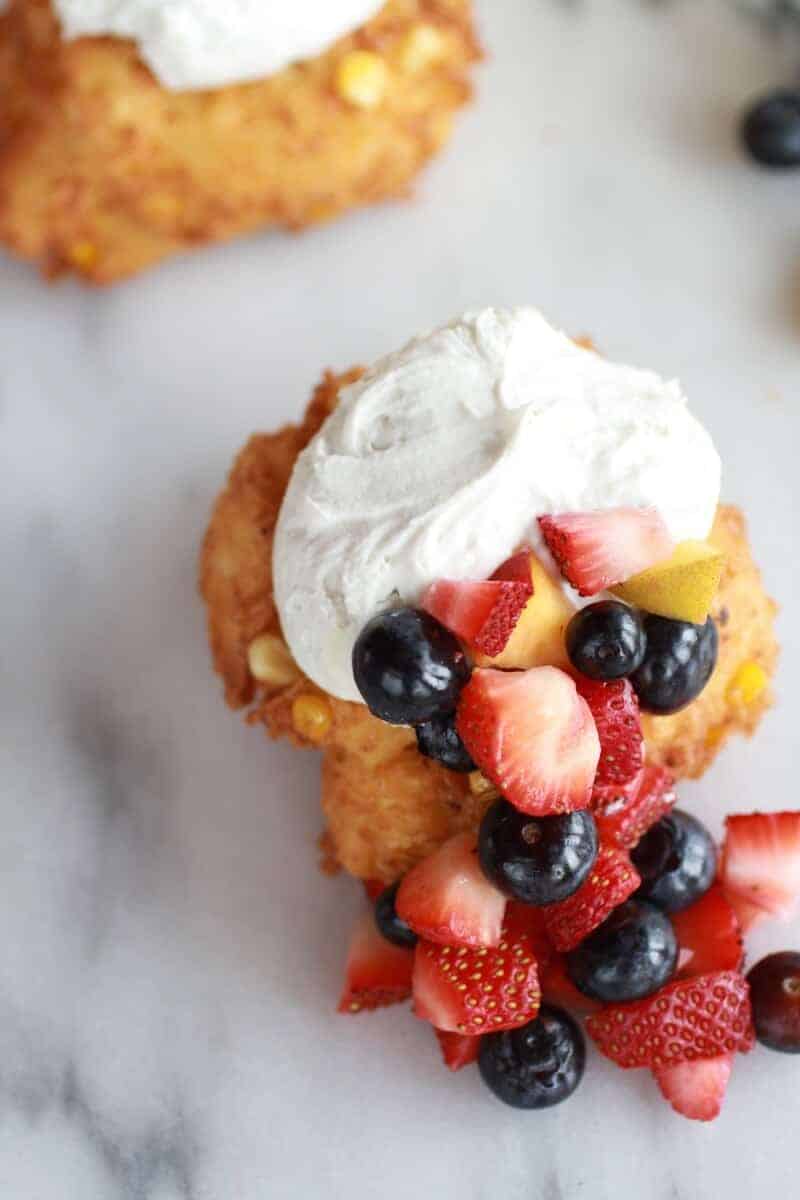 Corn Fritters with Coconut Whipped Cream and Sweet Honey Bourbon Syrup | https://fett-weg.today/