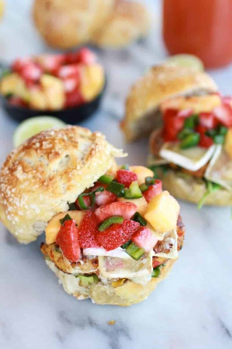 Brie Crab Cake Pretzel Slider Melts with Strawberry Pineapple Salsa | halfbakedharvest.com