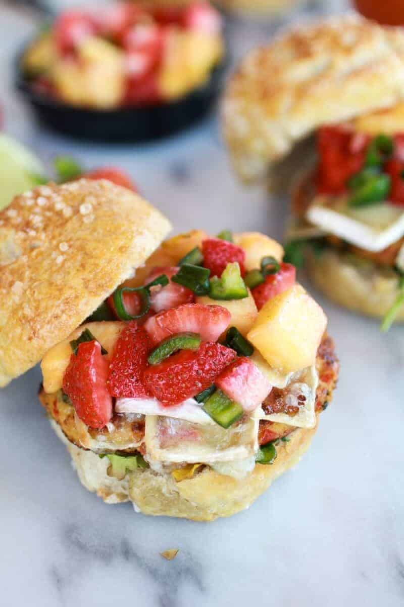 Brie Crab Cake Pretzel Slider Melts with Strawberry Pineapple Salsa | halfbakedharvest.com