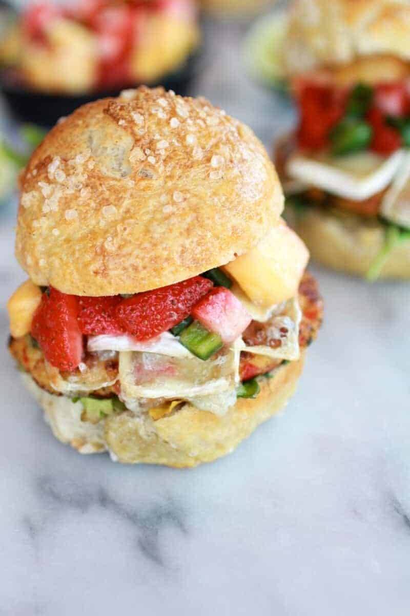 Brie Crab Cake Pretzel Slider Melts with Strawberry Pineapple Salsa | halfbakedharvest.com