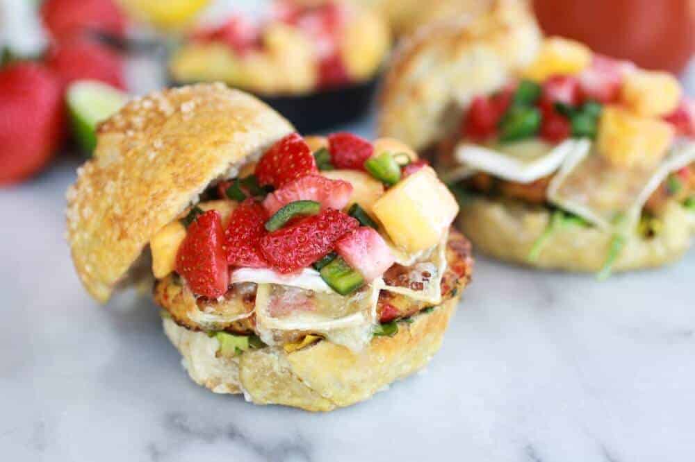 Brie Crab Cake Pretzel Slider Melts with Strawberry Pineapple Salsa | halfbakedharvest.com