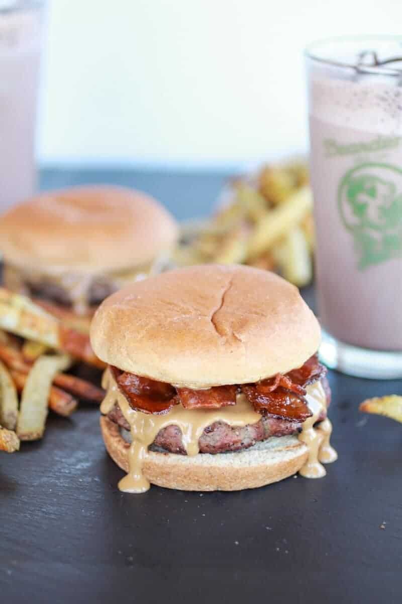 Peanut Butter Burgers with Slim Jim Fries and Chocolate Malted Milkshake
