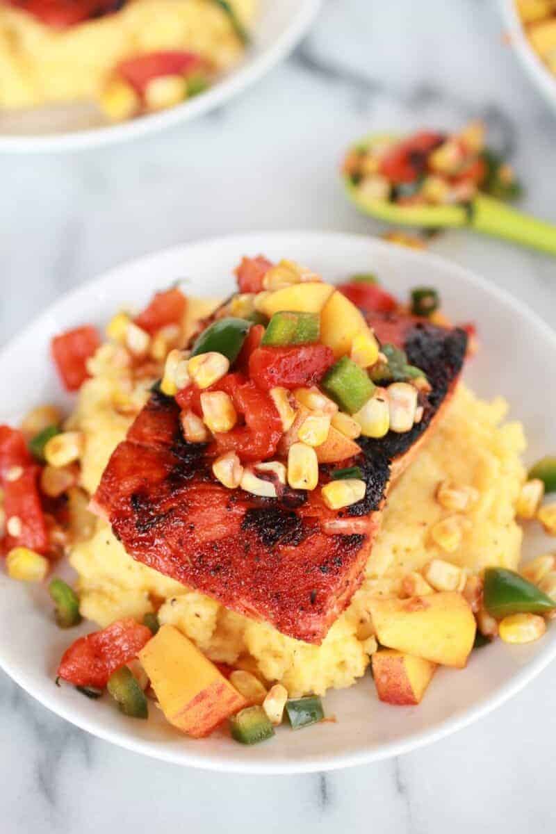 Blackened Salmon with Cheesy Polenta and Spicy Peach + Chard Corn Salsa | halfbakedharvest.com