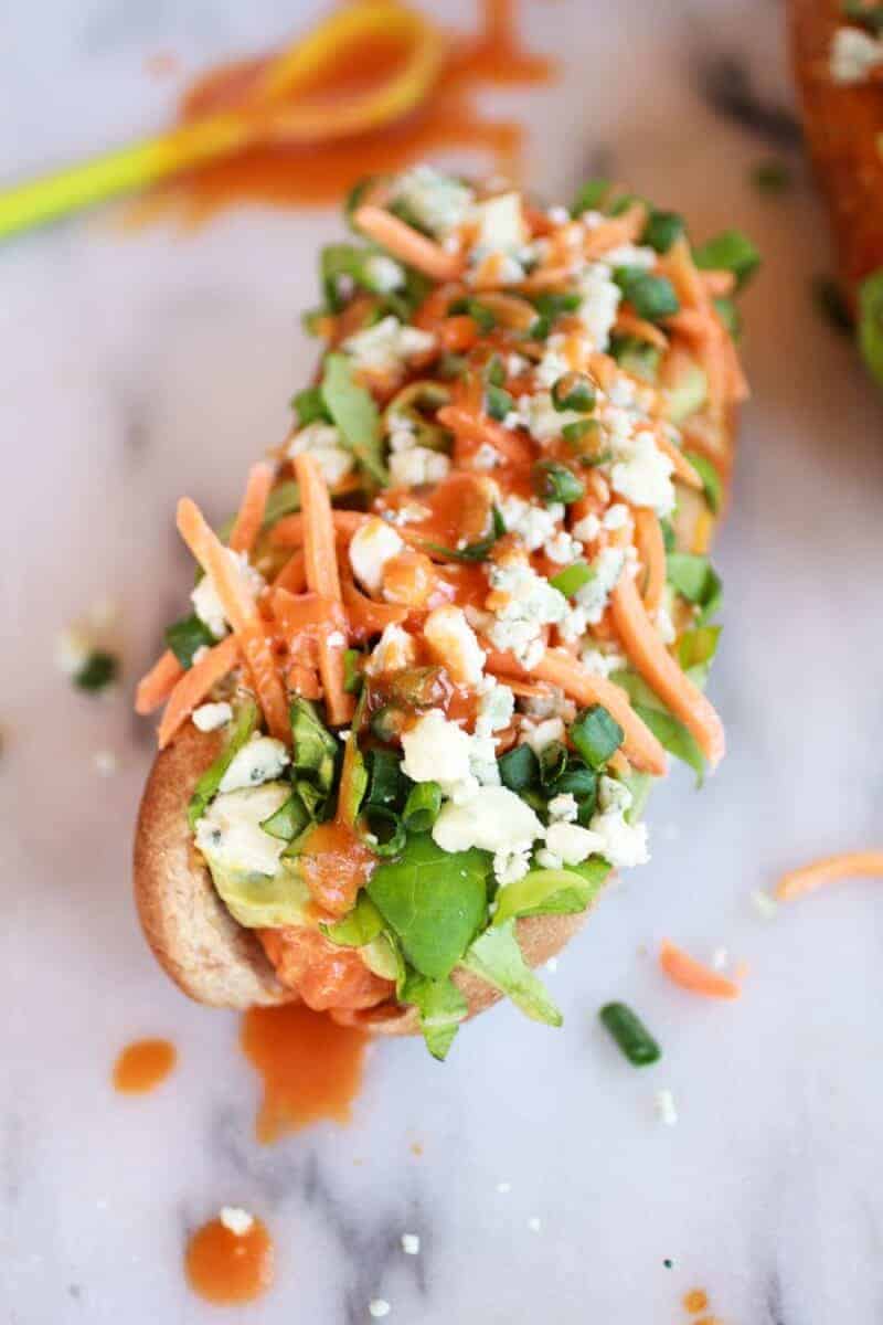 Healthy Loaded Cheddar + Blue Cheese Buffalo Chicken Dogs | halfbakedharvest.com/