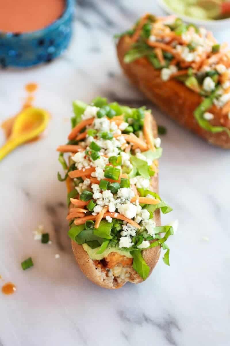 Healthy Loaded Cheddar + Blue Cheese Buffalo Chicken Dogs | halfbakedharvest.com/