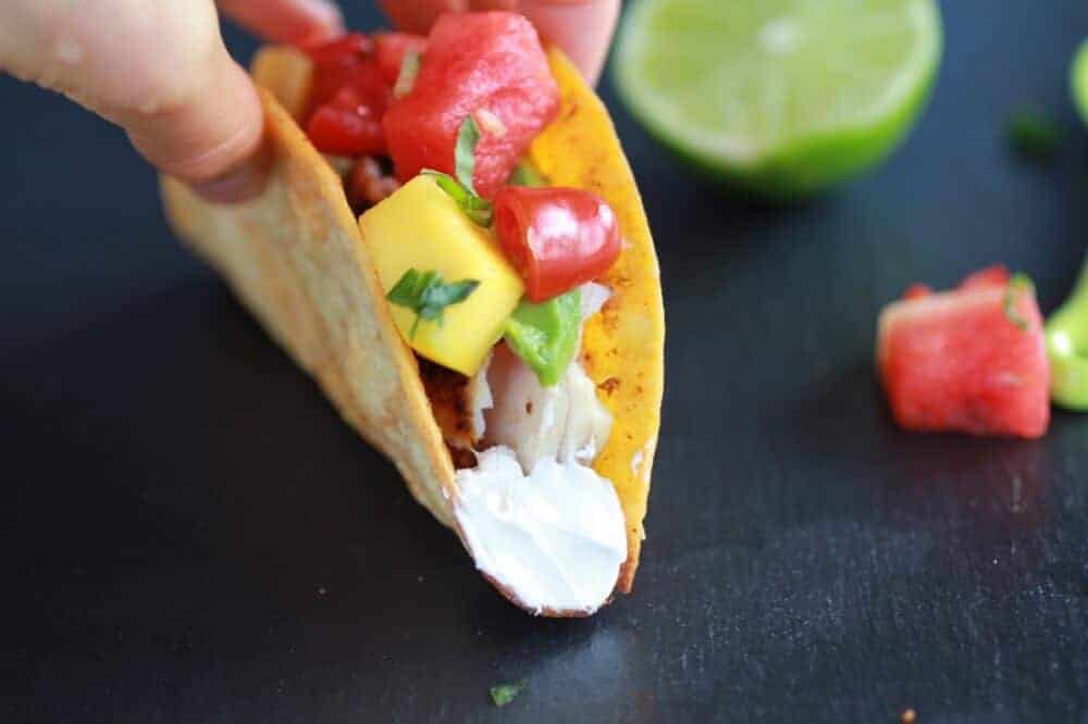 Coconut Lime Mahi Mahi Tacos with Tequila Soaked Watermelon Salsa | halfbakedharvest.com
