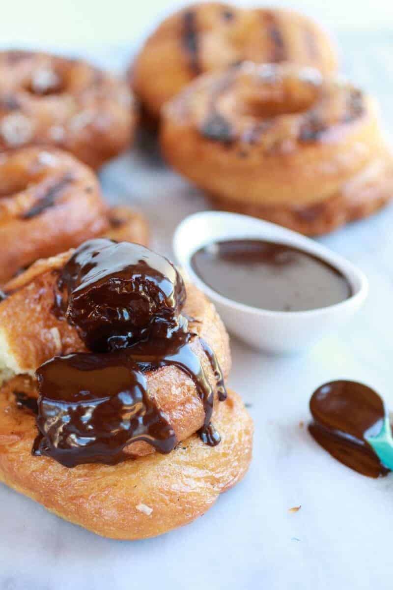 Grilled Espresso Glazed Coconut Doughnuts with Mocha Coconut Ganache | halfbakedharvest.com