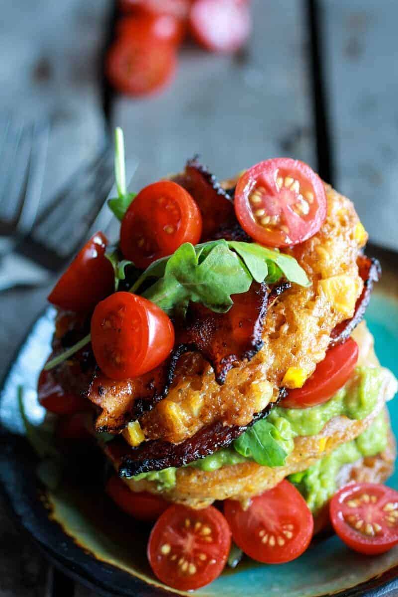 Avocado and Gouda BLT Corn Fritter Stacks with Chipotle Bourbon Dressing | halfbakedharvest.com