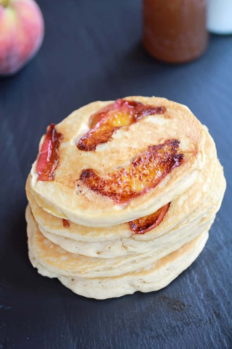 Bourbon Peaches and Coconut Cream Pancakes with Bourbon Cream Syrup | halfbakedharvest.com