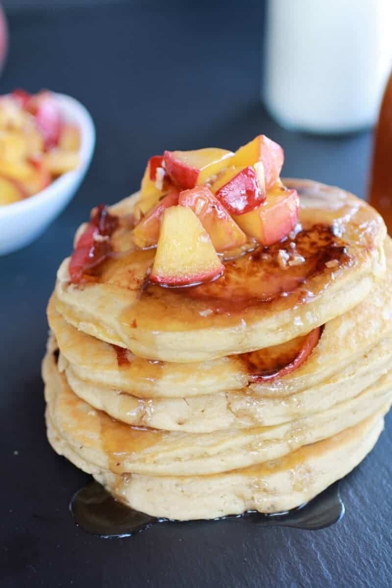Bourbon Peaches and Coconut Cream Pancakes with Bourbon Cream Syrup | halfbakedharvest.com