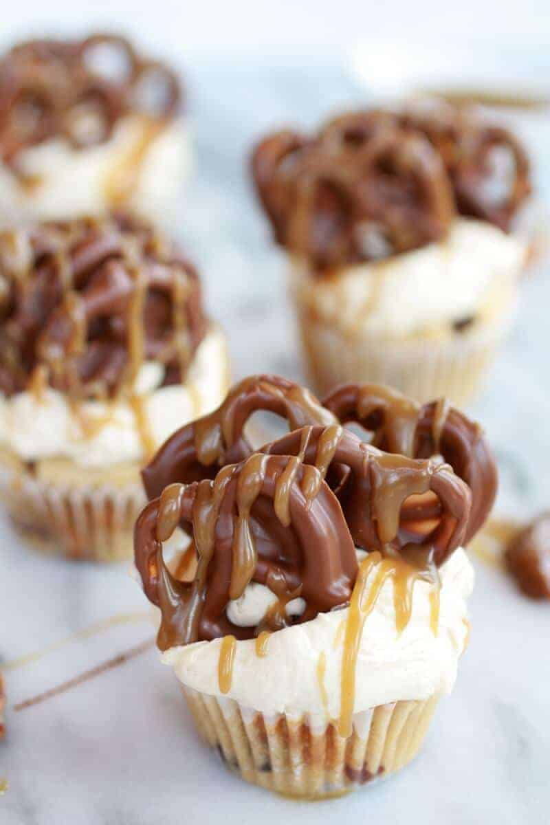 Chocolate Covered Pretzel Peanut Butter Cupcakes with Butterscotch Frosting | halfbakedharvest.com