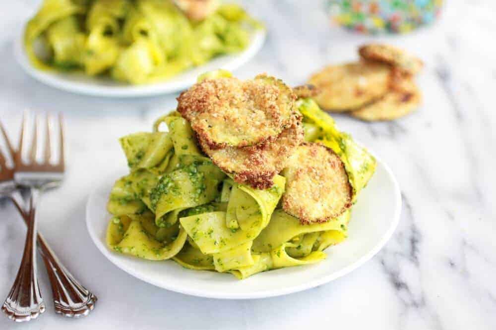 Fried Zucchini + Mint and Pistachio Pesto Pappardelle Pasta | halfbakedharvest.com