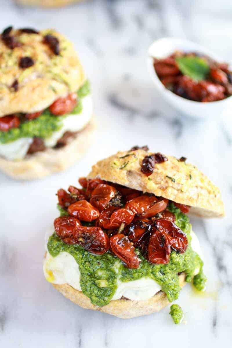 Pesto Protobella Mushroom or Chicken Burgers with Marinated Roasted Tomatoes | halfbakedharvest.com