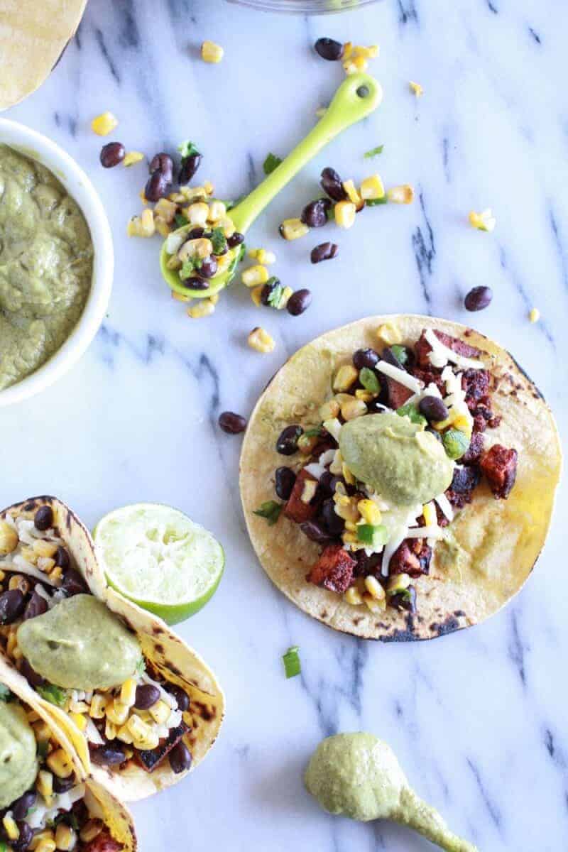 Sweet potato + Chorizo Tacos with Black Bean Salsa and Roasted Poblano Avocado Crema | halfbakedharvest.com