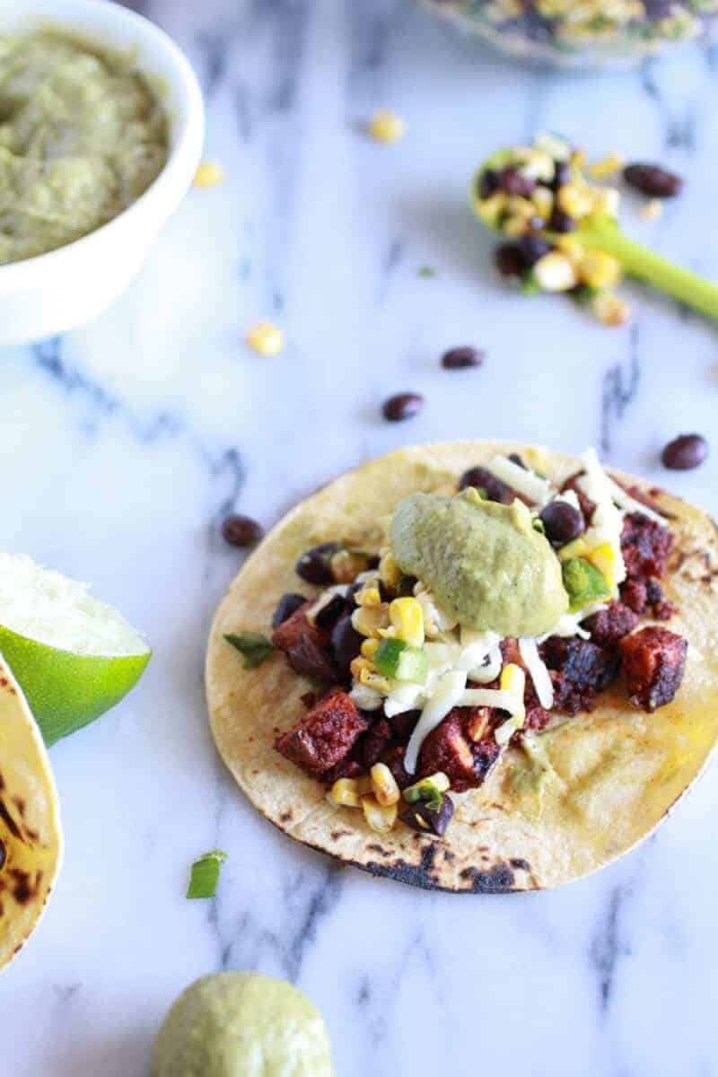 Sweet potato + Chorizo Tacos with Black Bean Salsa and Roasted Poblano Avocado Crema | halfbakedharvest.com