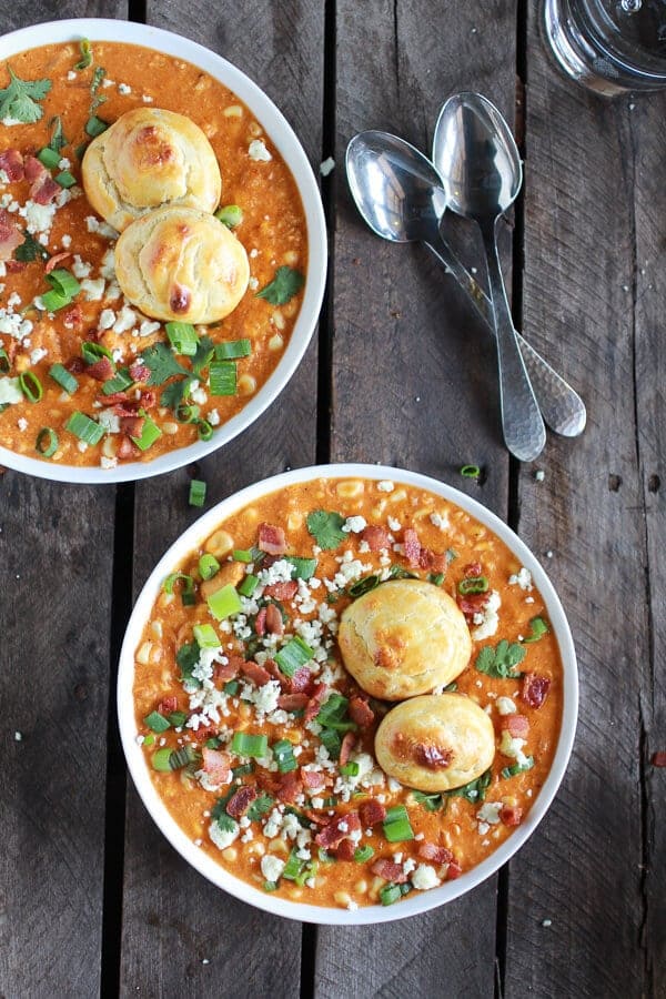 Buffalo Chicken Corn Chowder with Blue Cheese Gougères | halfbakedharvest.com