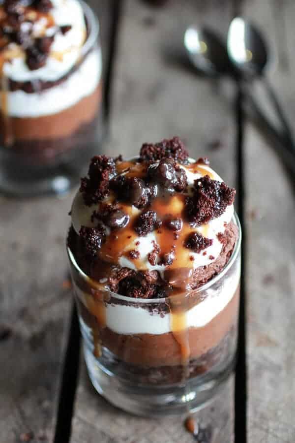 Chocolate Lovers Triple Layer Coffee Caramel Chocolate Mousse Cakes | halfbakedharvest.com