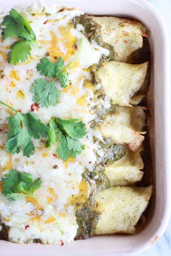 Creamy Avocado + Hatch Chile Chicken Charred Corn Crepechiladas | halfbakedharvest.com