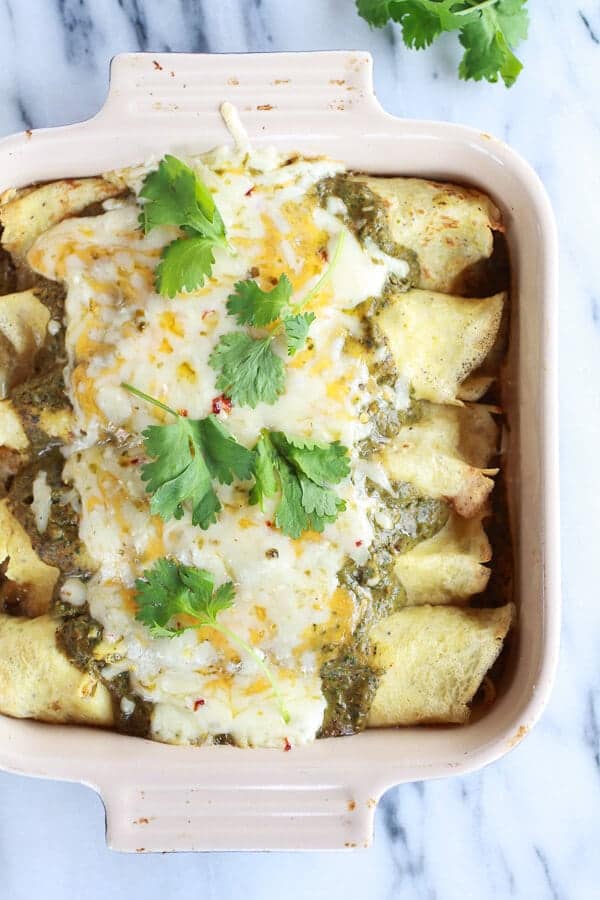 Creamy Avocado + Hatch Chile Chicken Charrd Corn Crepechiladas