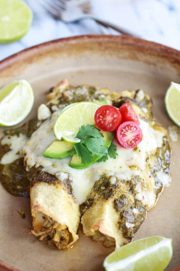 Creamy Avocado + Hatch Chile Chicken Charred Corn Crepechiladas | halfbakedharvest.com