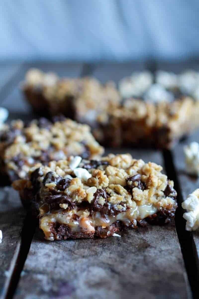 Fudge Brownie, Caramel, Popcorn + Oatmeal Cookie Crumble 7 Layer Bars | halfbakedharvest.com