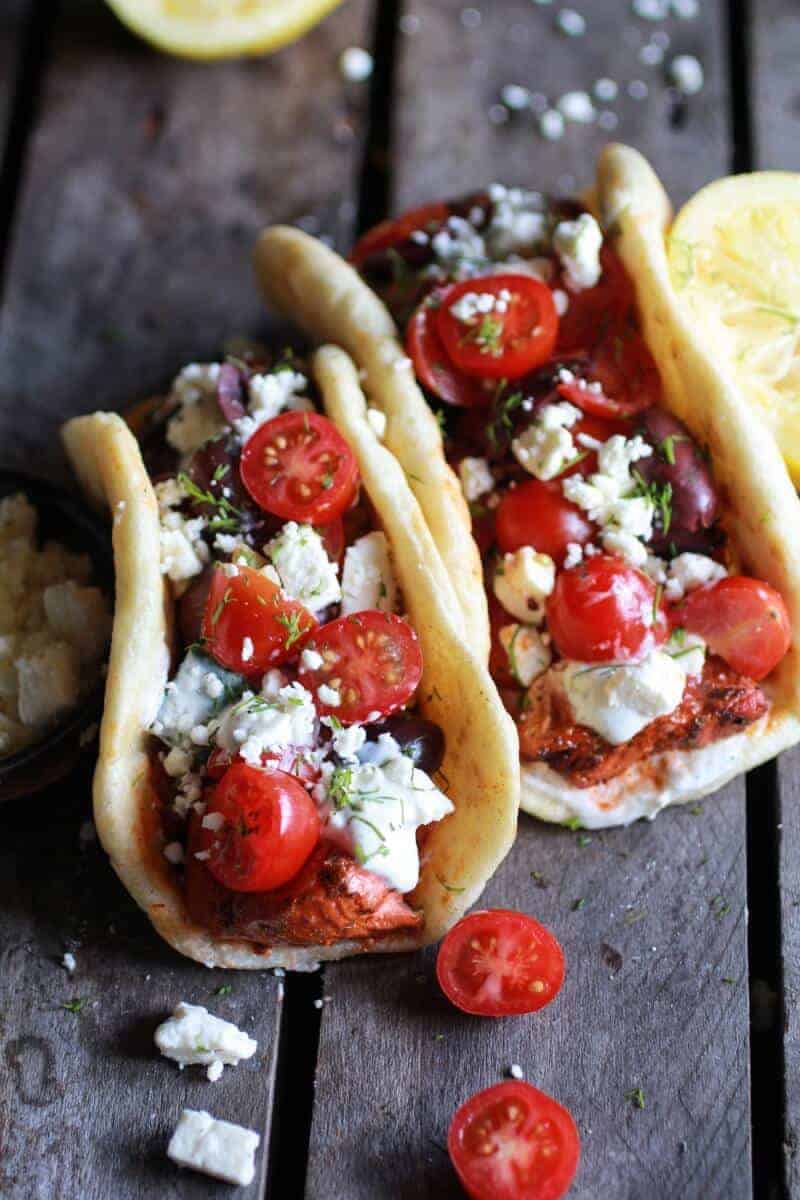 Greek Salmon Souvlaki Gyros with Tzatziki | halfbakedharvest.com