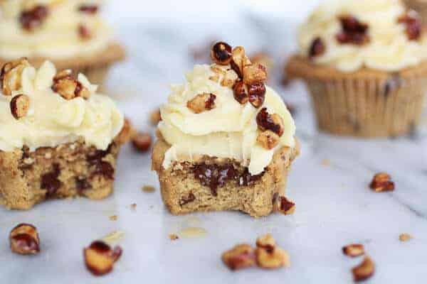 Honey Toasted Hazelnut Chocolate Chunk Cupcakes with Boozy Honey Buttercream Frosting | halfbakedharvest.com