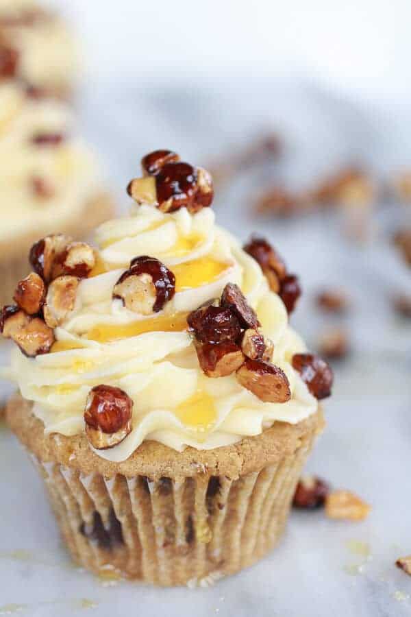 Honey Toasted Hazelnut Chocolate Chunk Cupcakes with Boozy Honey Buttercream Frosting | halfbakedharvest.com