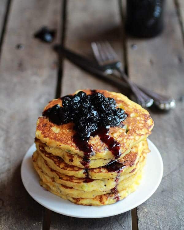 Jalapeño Cheddar Cornbread Pancakes with Roasted Blueberry Honey Syrup | halfbakedharvest.com