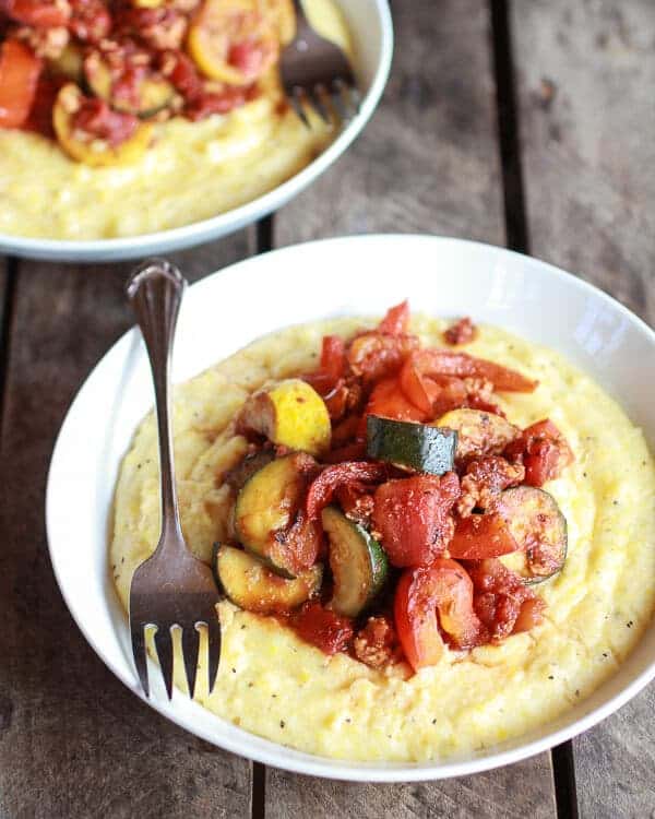 Ratatouille with Spicy Italian Chicken Sausage and Creamy Polenta | halfbakedharvest.com