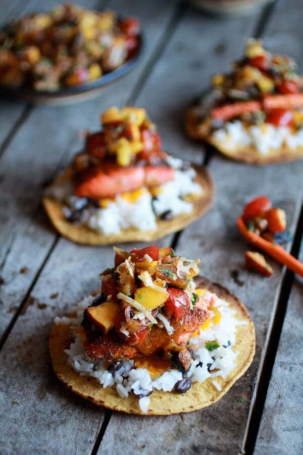 Caribbean Jerk Salmon Tostadas with Grilled Pineapple Peach Coconut Salsa | halfbakedharvest.com
