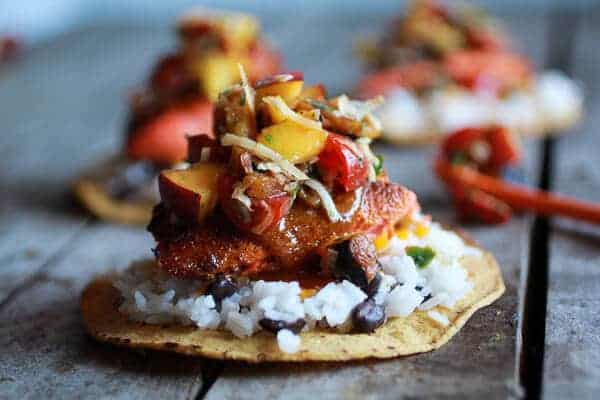 Caribbean Jerk Salmon Tostadas with Grilled Pineapple Peach Coconut Salsa | halfbakedharvest.com