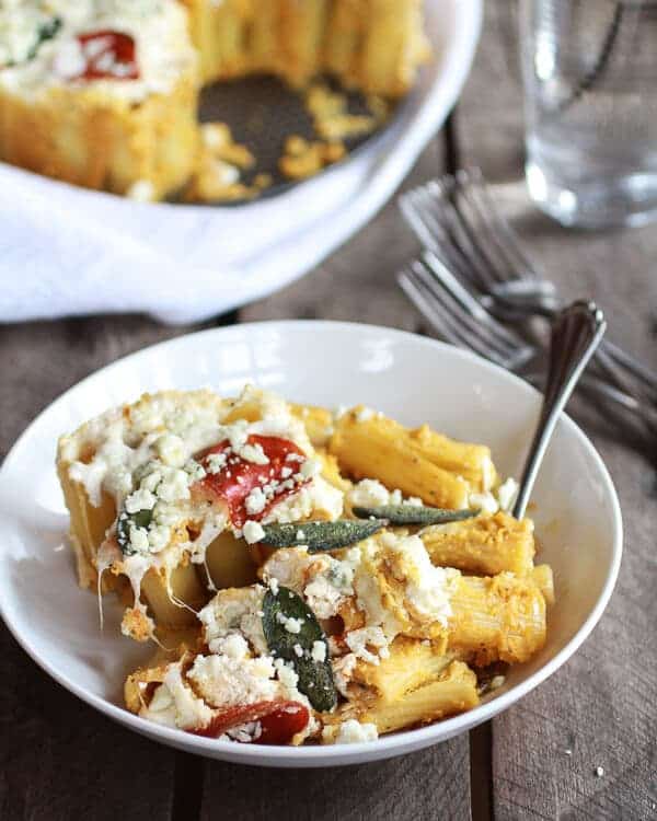 Butternut Squash and Gorgonzola Rigatoni Pasta Pie with Fried Sage | halfbakedharvest.com