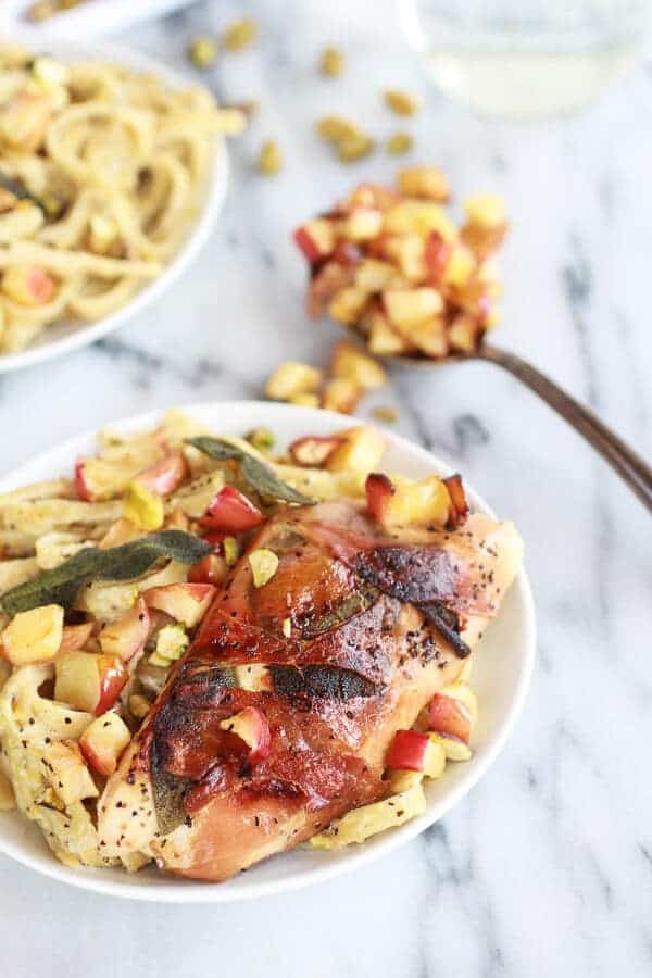 Crispy Prosciutto and Sage Wrapped Chicken with Creamy Pistachio Noodles | halfbakedharvest.com