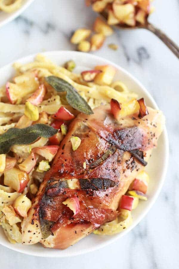 Crispy Prosciutto and Sage Wrapped Chicken with Creamy Pistachio Noodles | halfbakedharvest.com