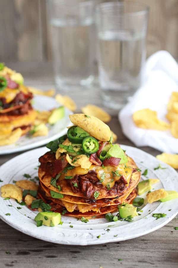 Crockpot Chicken Chili Con Carne Loaded Tostada Stacks | halfbakedharvest.com