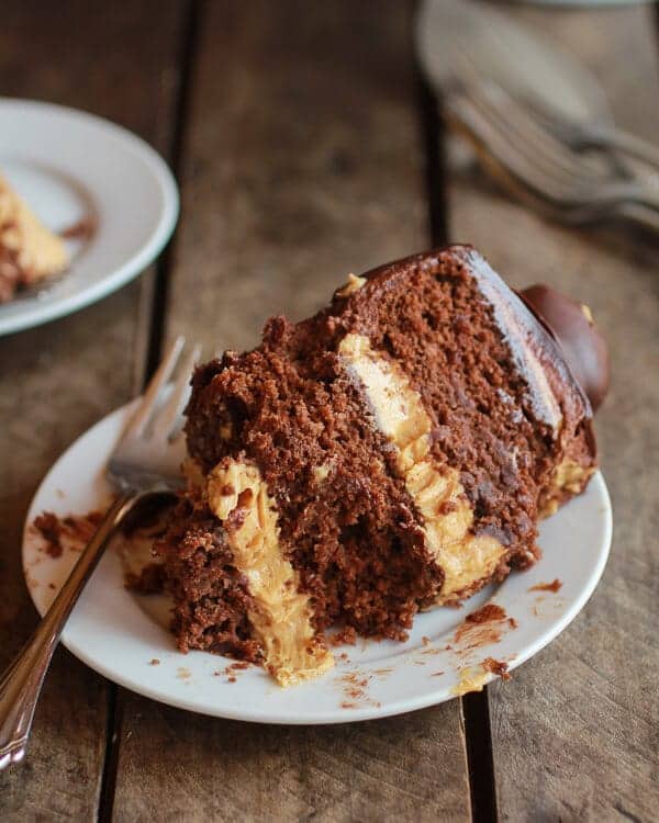 Ultimate Triple Layer Chocolate Bourbon Peanut Butter Buckeye Cake | halfbakedharvest.com