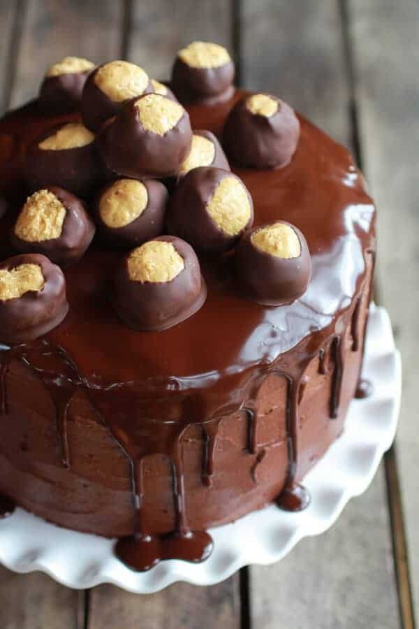 Ultimate Triple Layer Chocolate Bourbon Peanut Butter Buckeye Cake | halfbakedharvest.com