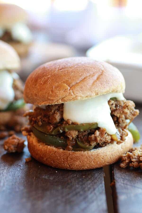 20 Minute Chicken Cheesesteak Sloppy Joe Sliders | halfbakedharvest.com