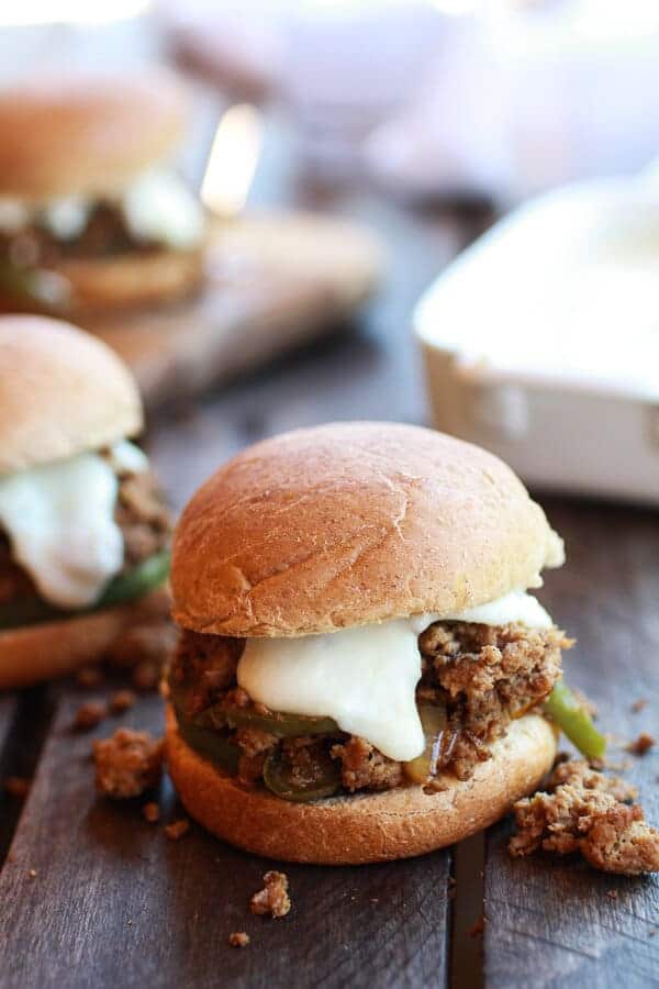 20 Minute Chicken Cheesesteak Sloppy Joe Sliders | halfbakedharvest.com