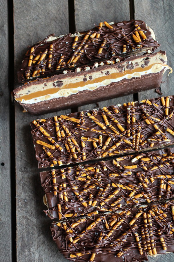 Salted Pretzel Chocolate Chip Cookie Dough Snickers Bars | halfbakedharvest.com
