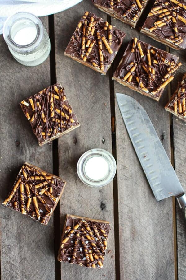 Salted Pretzel Chocolate Chip Cookie Dough Snickers Bars | halfbakedharvest.com